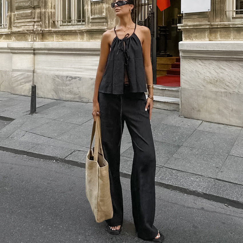 Damen Zweiteiler Set – Ärmelloses Crop Top – High Waist Hose – Atmungsaktive Fasern