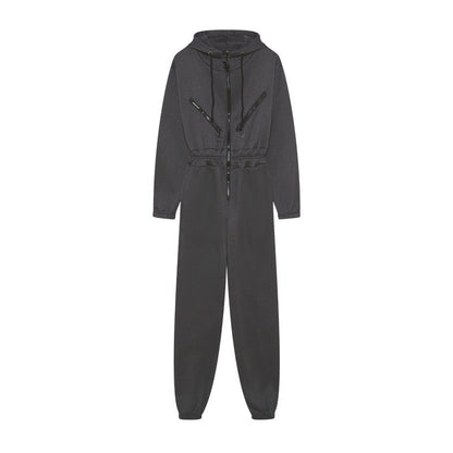 Damen Jumpsuit – Relaxed Fit – Baumwollmix – Kapuze – Reißverschluss – Bündchenabschluss
