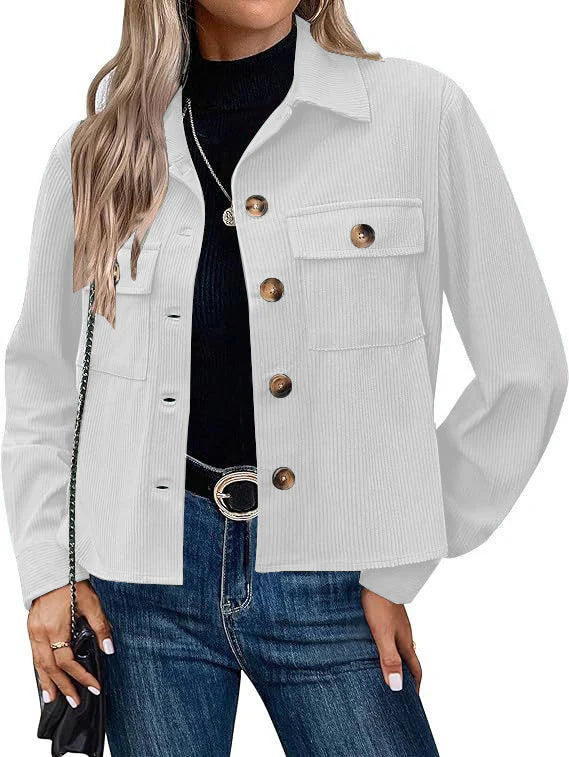 Damen Utility-Jacke – Lockere Passform – Gerippte Struktur – Knopfleiste – Brusttaschen