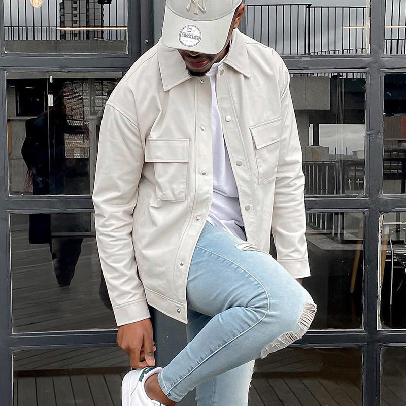 Herren Jacke – Relaxed Fit – Lederoptik – Druckknopfverschluss – Freizeitlook