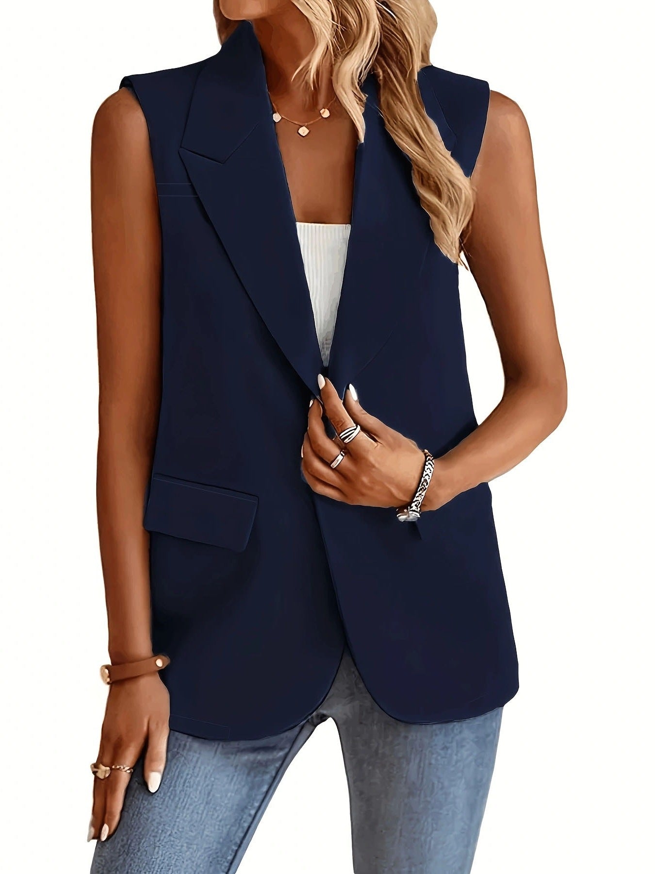 Damen Blazer Weste – Taillierter Schnitt – Ärmellos – Reverskragen – Hüftlang