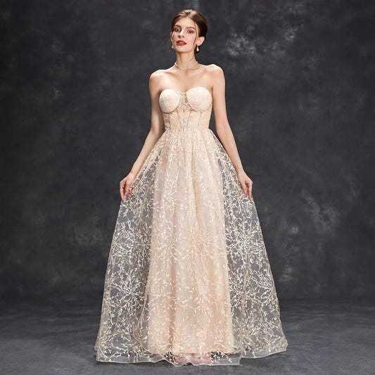 Damen Abendkleid – A-Linie – Schulterfrei – Bestickter Tüll – Bodenlang