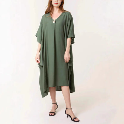 Damen Tunika Kleid – Lockerer Schnitt – V-Ausschnitt – Maxi Länge – Atmungsaktives Gewebe