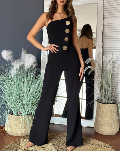Damen Jumpsuit – One-Shoulder Design – Slim Fit Oberteil – Weites Bein – Knopfdetails