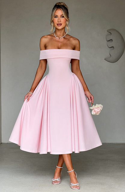 Damen Midikleid – Off Shoulder – A-Linien-Schnitt – Eleganter Look – Luxusstoff