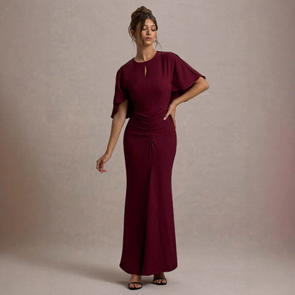 Damen Maxikleid – Figurbetont – Luxusstoff – Raffung – Schlüssellochausschnitt