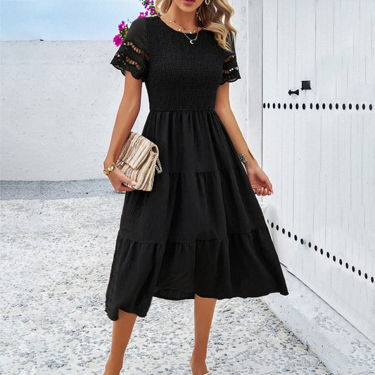 Damen Midikleid – Smock-Oberteil – Stufenrock – Cut-Out-Ärmel – Fließender Schnitt