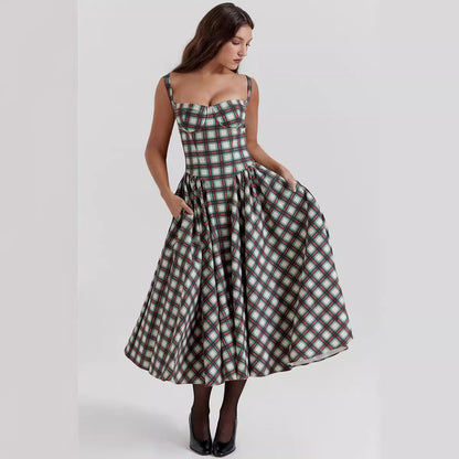Damen Maxi Kleid – Figurbetontes Oberteil – A-Linie – Karomuster – Mit Taschen