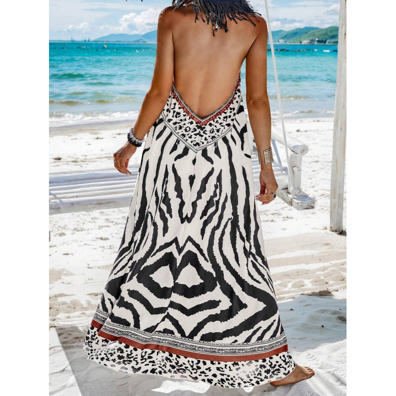 Damen Maxikleid – A-Linie – V-Ausschnitt – Baumwolle – Animalprint – Ärmellos
