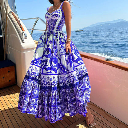 Damen Trägerkleid – Luftiges Design – Fließender Schnitt – Stufenrock – Allover-Print