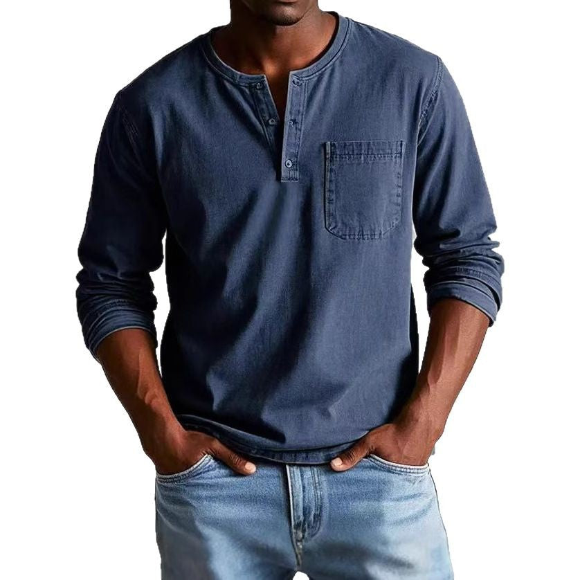 Herren Langarm-T-Shirt – Slim Fit – Atmungsaktive Mischung – Knopfleiste mit Brusttasche
