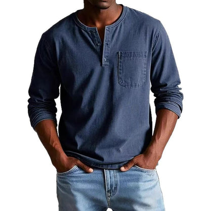 Herren Langarm-T-Shirt – Slim Fit – Atmungsaktive Mischung – Knopfleiste mit Brusttasche