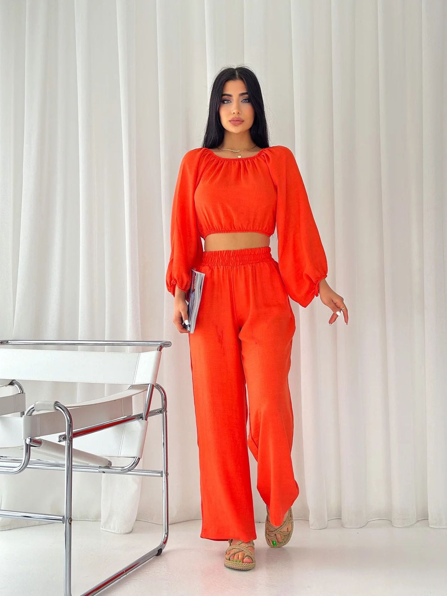 Damen Zweiteiler Set – Off Shoulder Crop Top – Weit Beinschnitt – Elastischer Bund