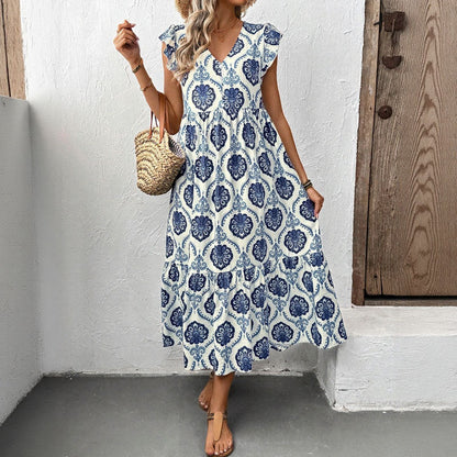 Damen Maxikleid – Lockere Passform – Tiefer V-Ausschnitt – Volants – Blumenmuster