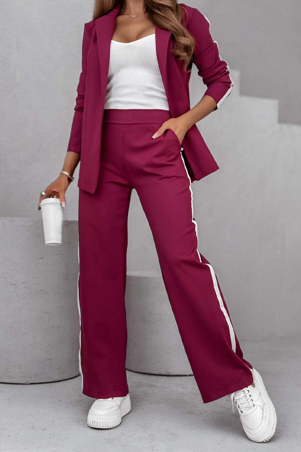 Damen Blazer Set – Relaxed Fit – Atmungsaktive Mischung – Weites Bein – Hohe Taille