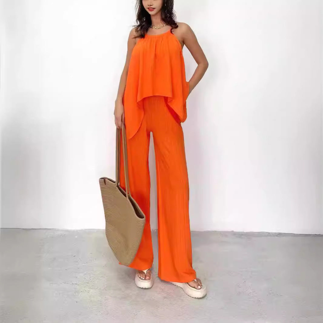 Damen Zweiteiler Set – Haltertop Asymmetrisch – Weit Bein Hose Luftig Locker