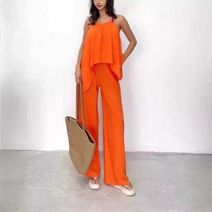 Damen Zweiteiler Set – Haltertop Asymmetrisch – Weit Bein Hose Luftig Locker