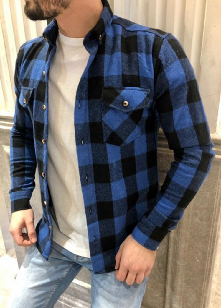 Herren Freizeithemd – Kariert – Lockere Passform – Leinen-Baumwollmix – Langarm mit Taschen