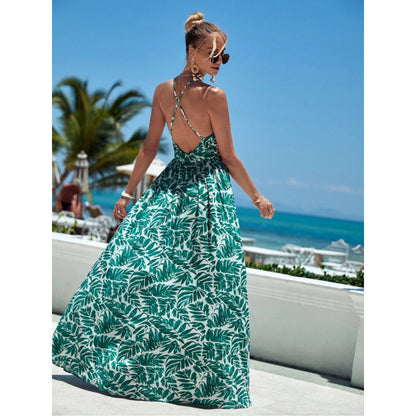 Damen Maxikleid – Tiefer V-Ausschnitt – Halterträger – Fließender Schnitt – Cotton