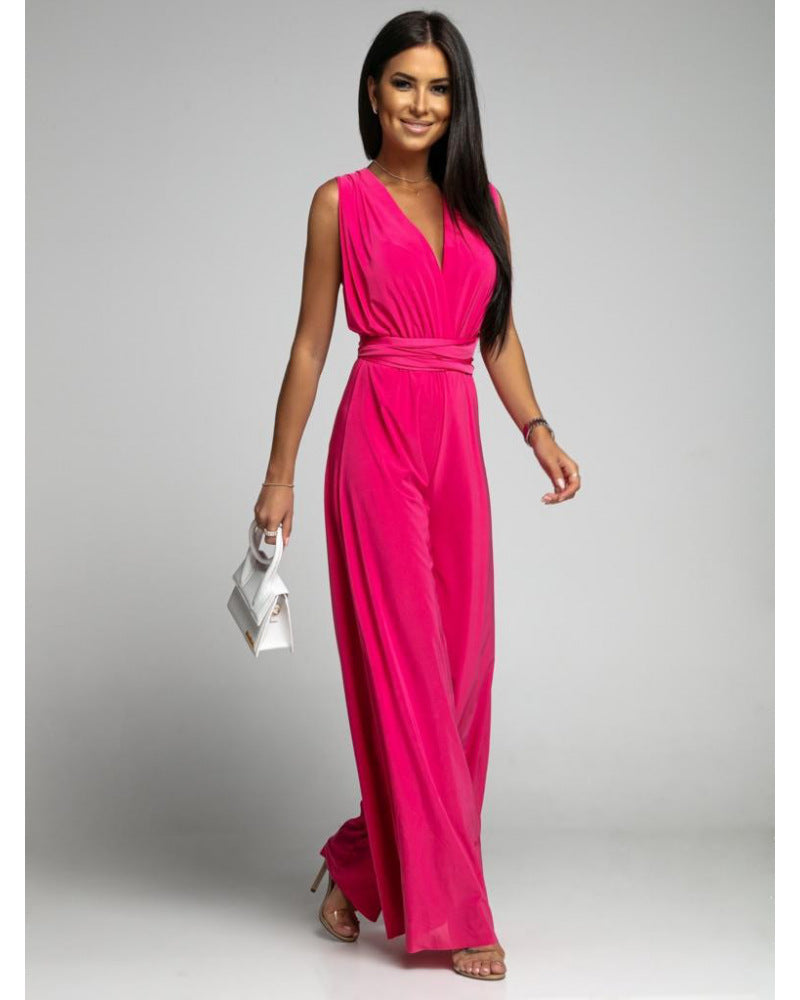 Damen Jumpsuit – Atmungsaktiver Stoff – Ärmellos – Wickel-V-Ausschnitt – Weites Bein