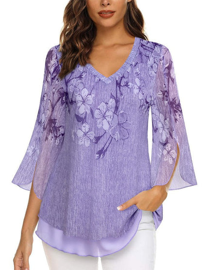Damen Bluse – Lockerer Schnitt – V-Ausschnitt – Blumenmuster – Flatterärmel 3/4