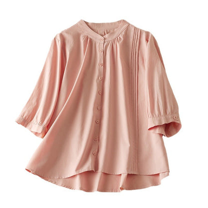 Damen Shirt – Relaxed Fit – Halbarm – Stehkragen – Falten-Detail – Naturfaser