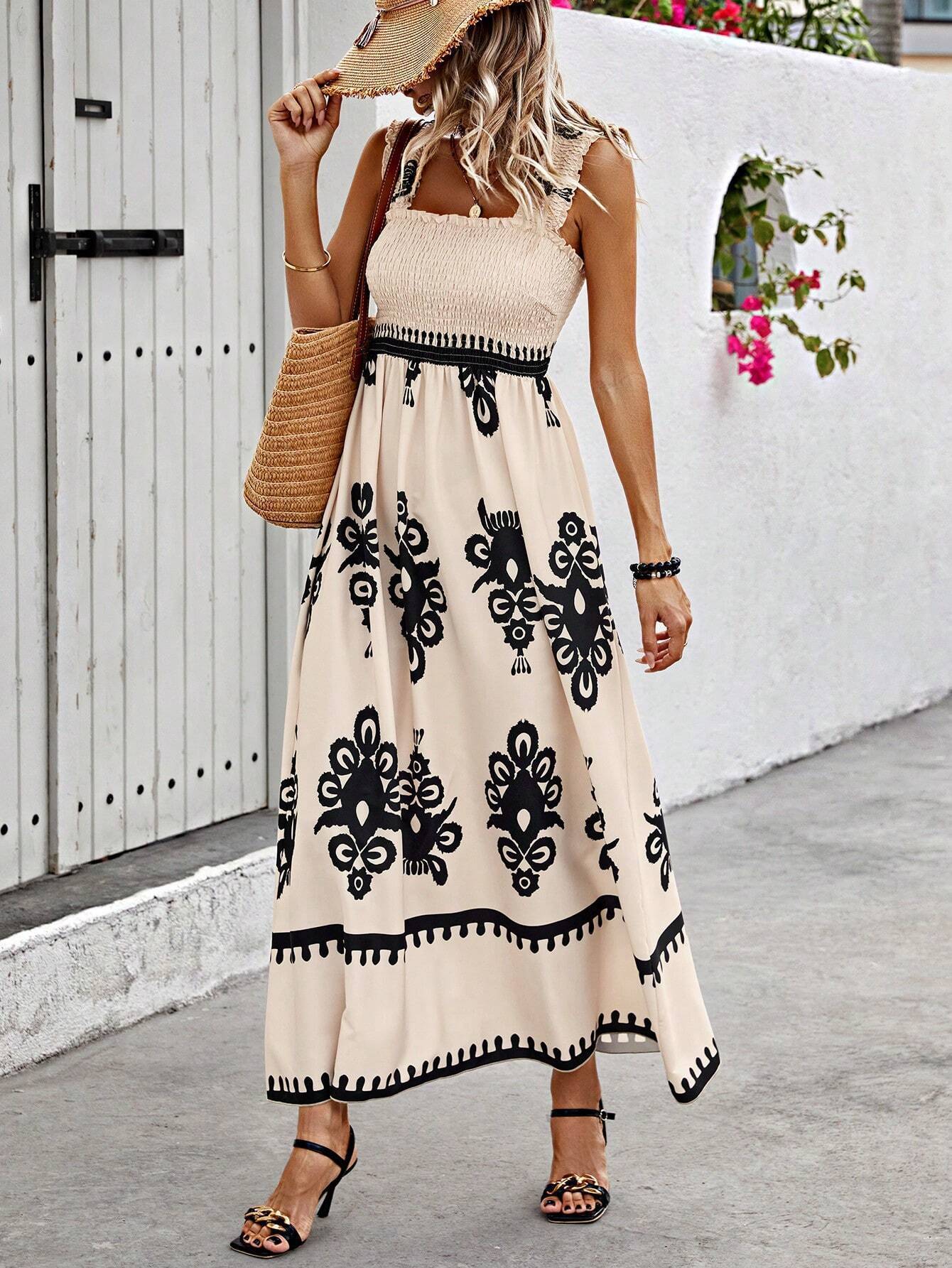 Damen Maxikleid – Schulterfrei mit Wickeloberteil – Luftiger Schnitt – Printdesign