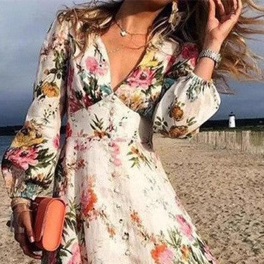 Damen Maxikleid – A-Linie – Tiefer V-Ausschnitt – Langarm – Atmungsaktives Gewebe