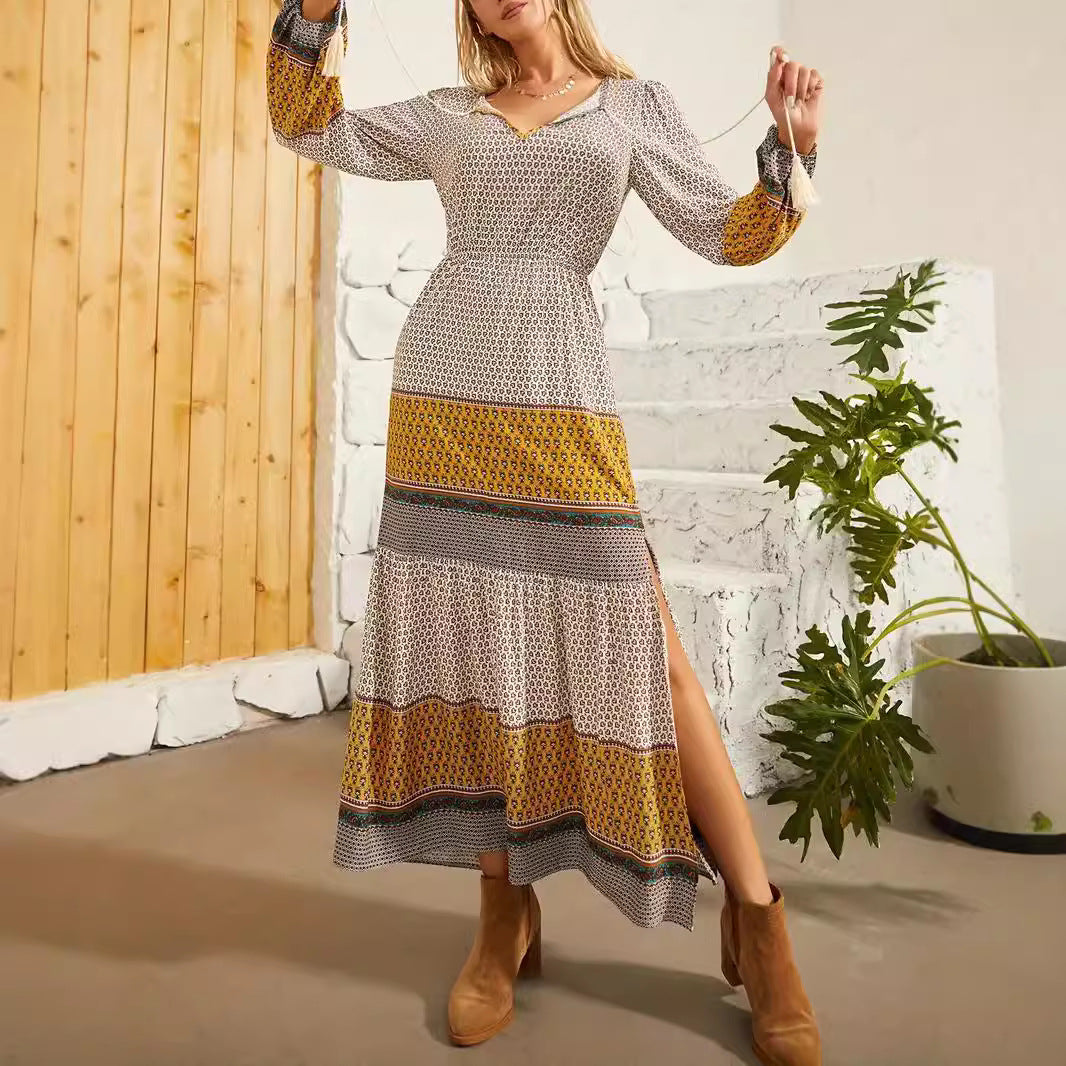 Damen Maxikleid – A-Linie – V-Ausschnitt – Lange Ärmel – Atmungsaktive Qualität