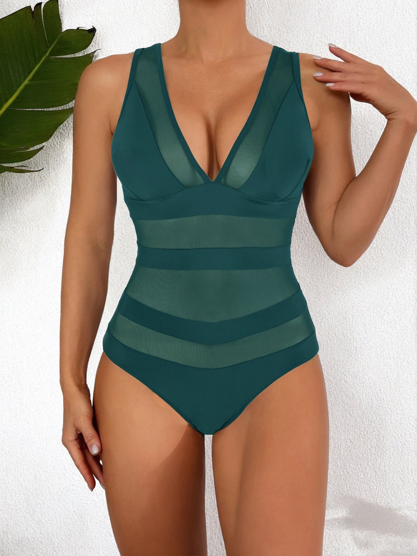 Damen Badeanzug – Figurbetont – Tiefer V-Ausschnitt – Mesh-Einsätze – Elegantes Design