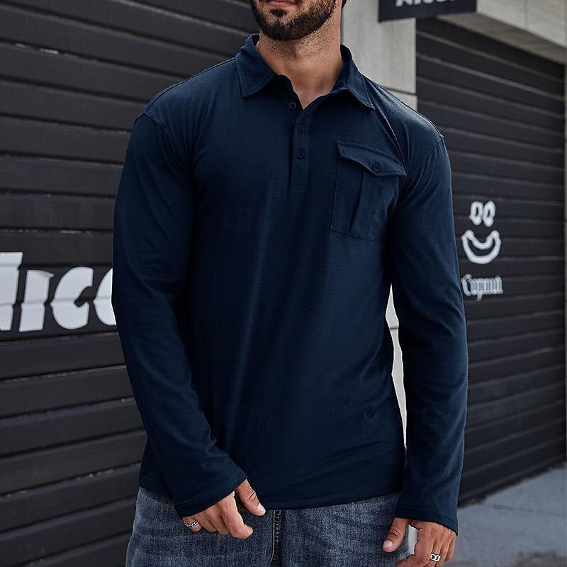 Herren Langarm Henley Polohemd – Baumwolle – Stehkragen – Brusttasche – Lockerer Schnitt