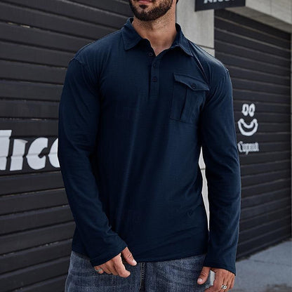 Herren Langarm Henley Polohemd – Baumwolle – Stehkragen – Brusttasche – Lockerer Schnitt