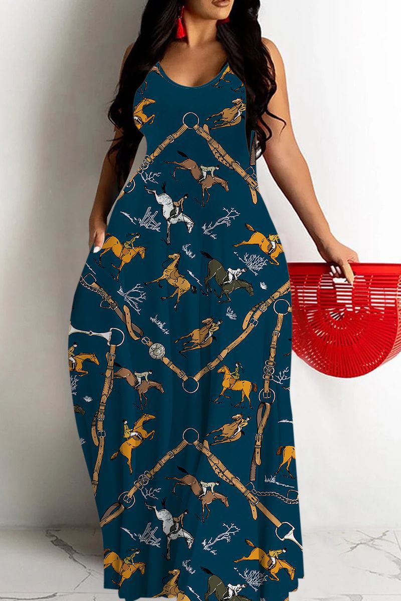 Damen Maxikleid – Fließender Schnitt – V-Ausschnitt – Spaghettiträger – Abstraktes Muster