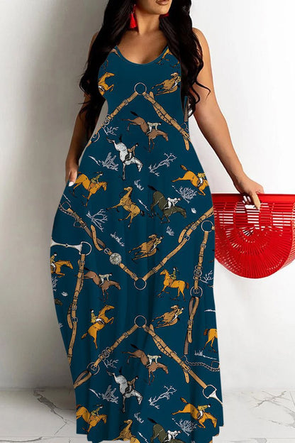 Damen Maxikleid – Fließender Schnitt – V-Ausschnitt – Spaghettiträger – Abstraktes Muster