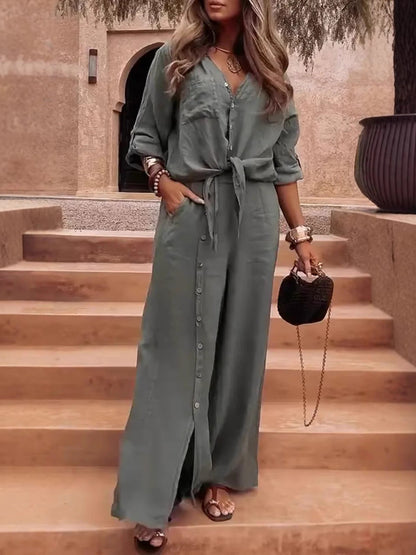 Damen Zweiteiler Set – Weit Bein Hose – Lockere Passform – Leinen Baumwolle Mix – Bindegürtel – Asymmetrische Knöpfe