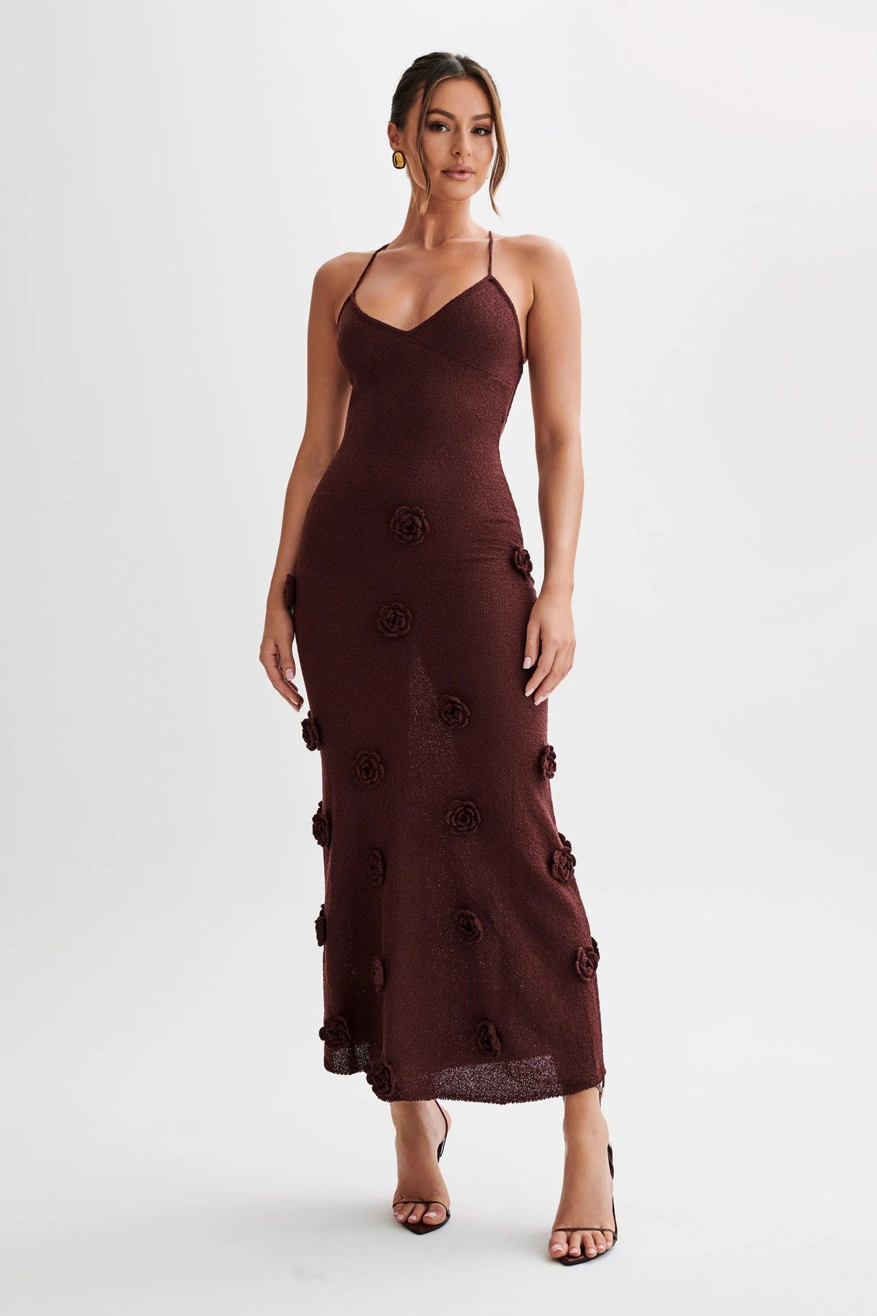 Damen Slipkleid – Schlanke Passform – Soft Knit – 3D Blumen – Rücken mit Bindung