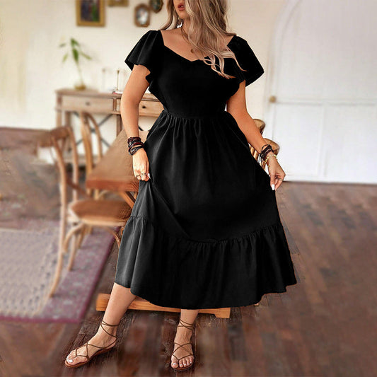 Damen Maxikleid – A-Linien Schnitt – V-Ausschnitt – Rüschen Saum – Puffärmel