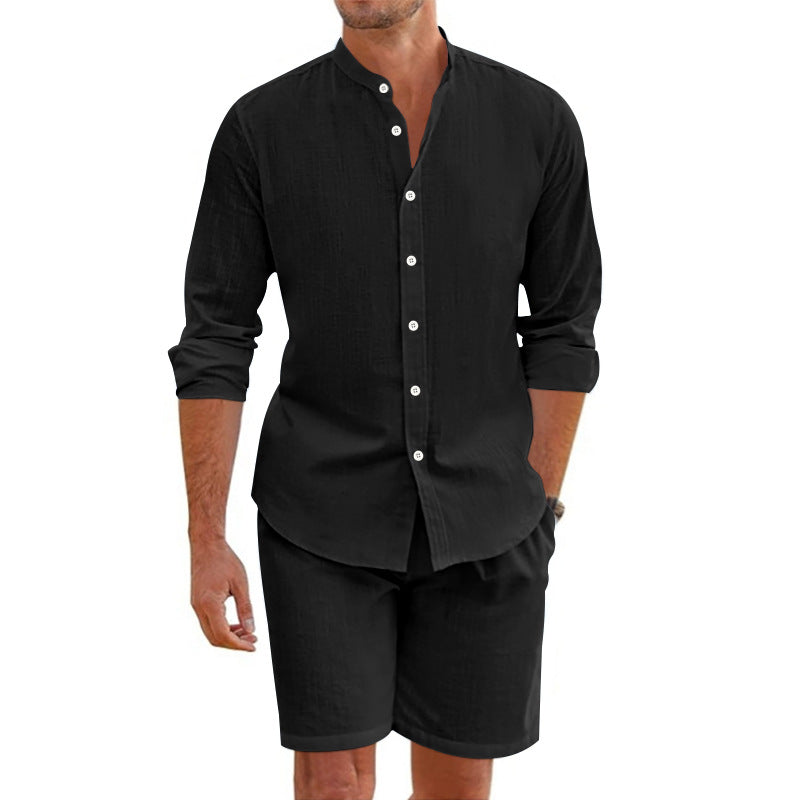 Herren Zweiteiler Set – Lockerer Schnitt – Button-Up Hemd & Shorts – Atmungsaktive Fasern
