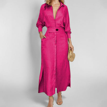 Damen Kleid – Hemdblusenkleid – Linnen – Taillierte Passform – Asymmetrischer Saum