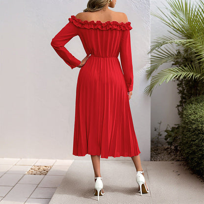 Damen Kleid – Off-Shoulder – Rüschenkragen – Plissierter Rock – Eleganter Schnitt