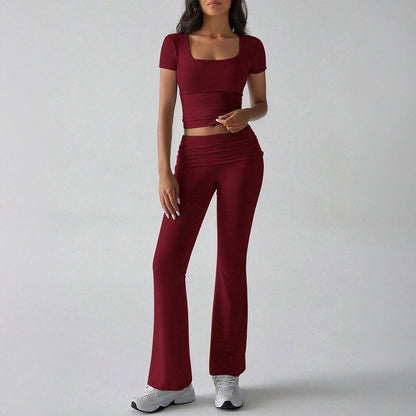 Damen Zweiteiler Set – Slim Fit Crop Top mit Square Neck – Flared Hose – Stretch Komfort