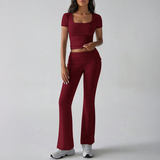 Damen Zweiteiler Set – Slim Fit Crop Top mit Square Neck – Flared Hose – Stretch Komfort