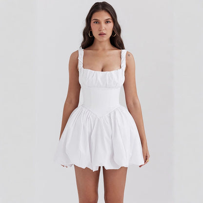 Damen A-Linienkleid – Figurbetonter Schnitt – Rüschen-Träger – Voluminöser Rock