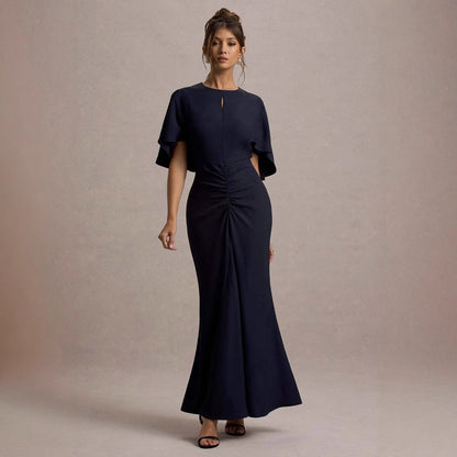 Damen Maxikleid – Figurbetont – Luxusstoff – Raffung – Schlüssellochausschnitt