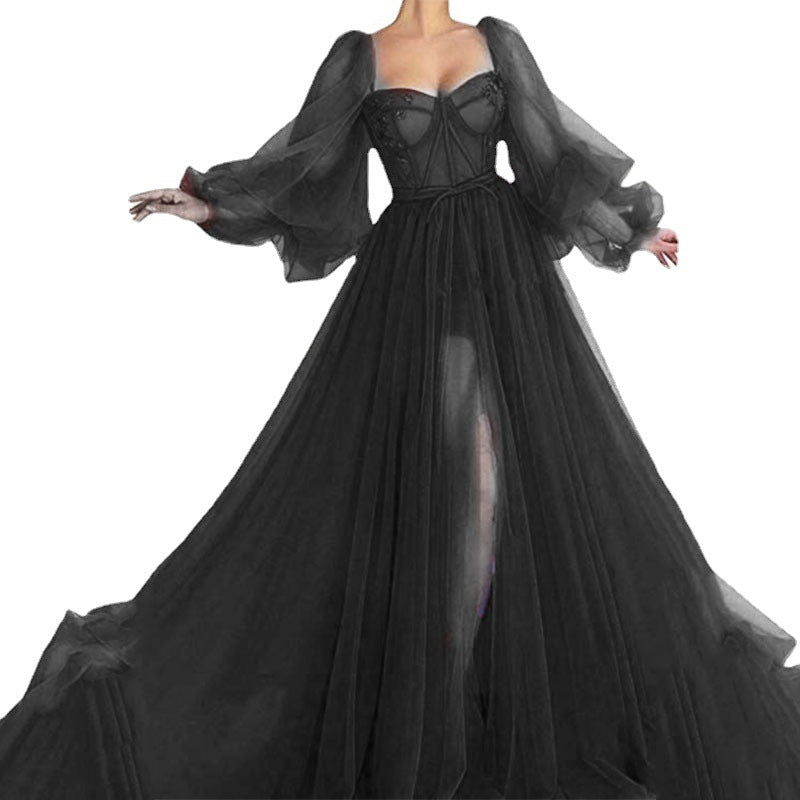 Damen Abendkleid – Tülloptik – Herzausschnitt – Voluminöse Ärmel – Beinschlitz