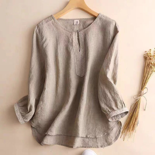 Damen Kurzarmshirt – Natürliche Fasern – Lockere Passform – Vintage Spitze
