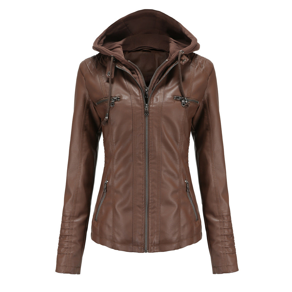 Damen Kapuzenjacke – Slim Fit – Kunstleder – Abnehmbare Kapuze – Zipper Taschen
