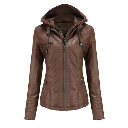 Damen Kapuzenjacke – Slim Fit – Kunstleder – Abnehmbare Kapuze – Zipper Taschen