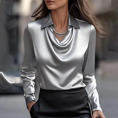 Damen Bluse – Luxusstoff – Drapierter Ausschnitt – Klassischer Kragen – Lockere Passform