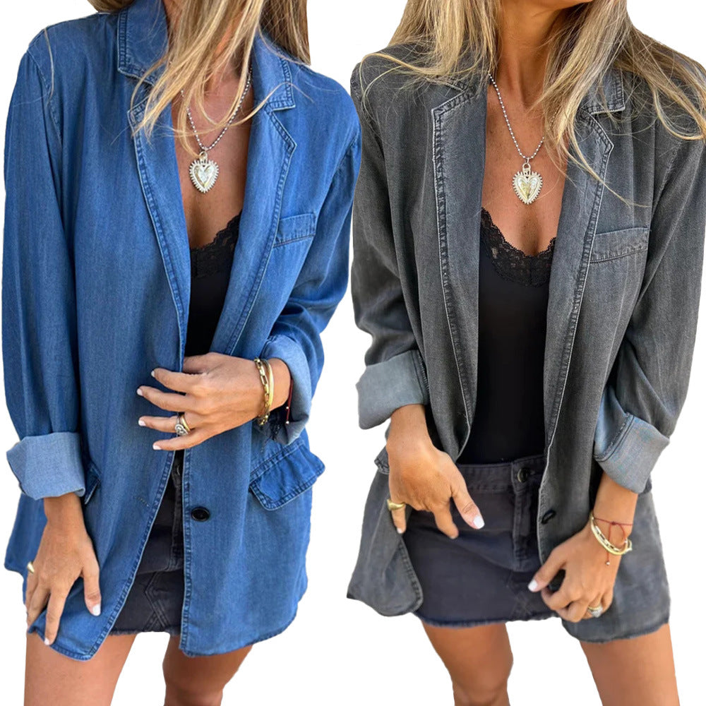 Damen Blazer – Relaxed Fit – Denim-Optik – Ein-Knopf-Design – Lässig Elegant